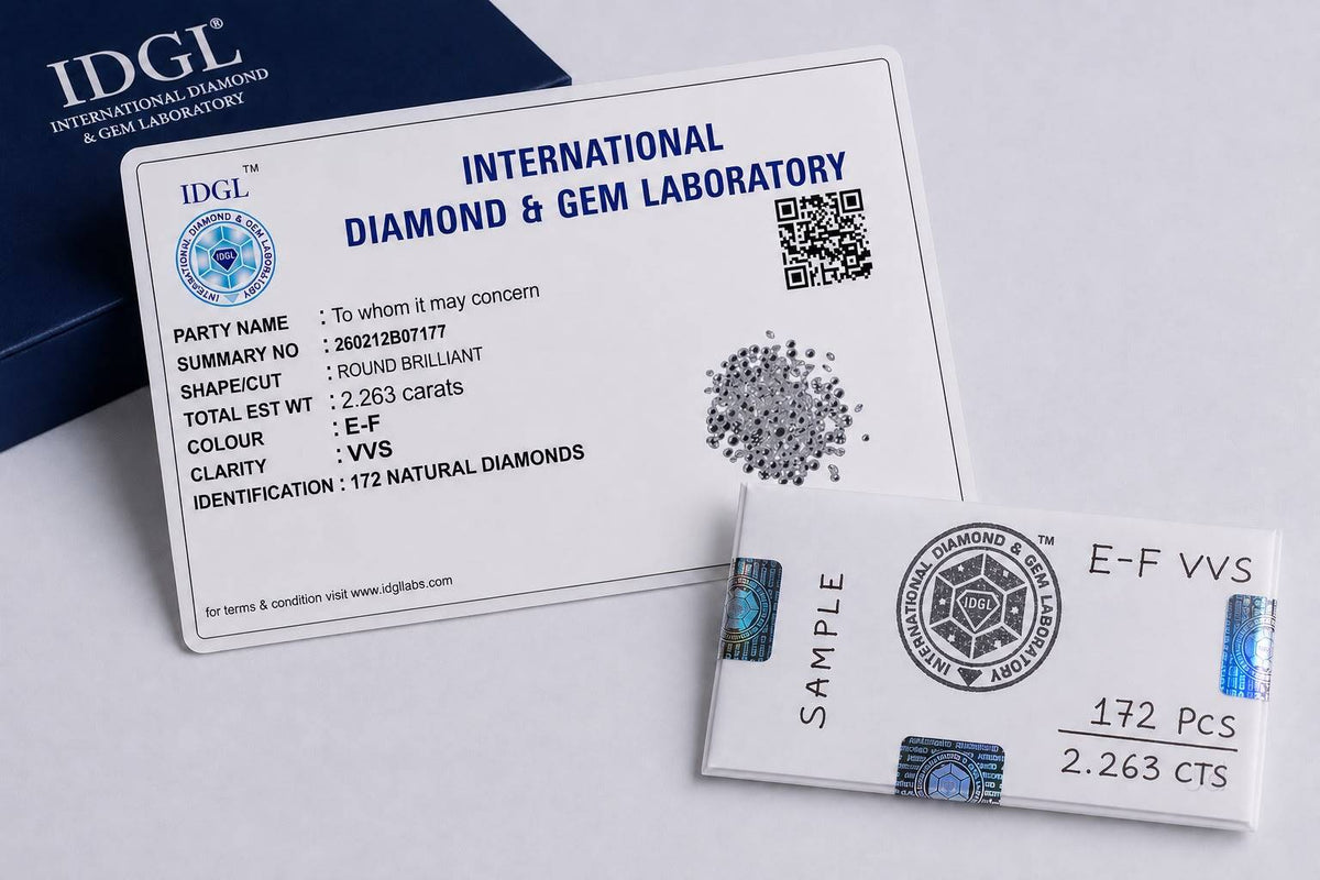 Sample parcel certificate with a sealed, hologram-labeled diamond packet